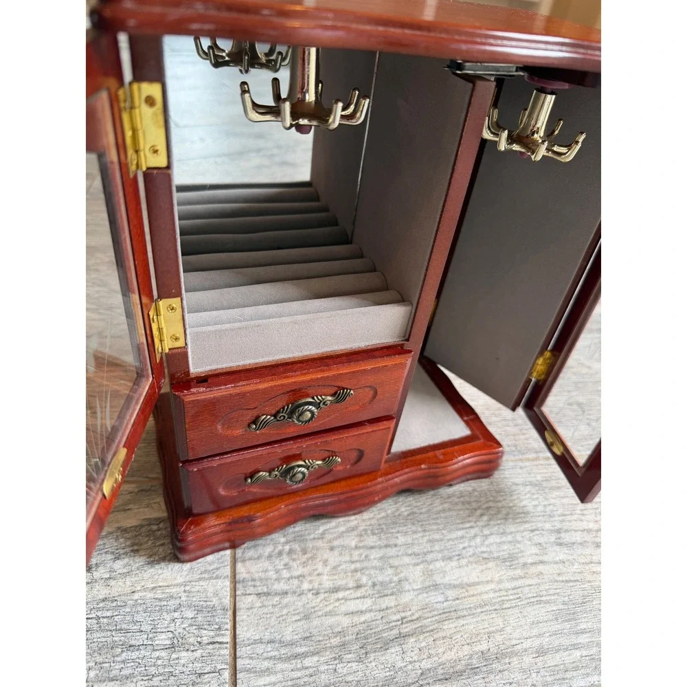 Jewelry Armoire Box Cherry Brown Etched Glass Wood Vintage 80s drawers necklace